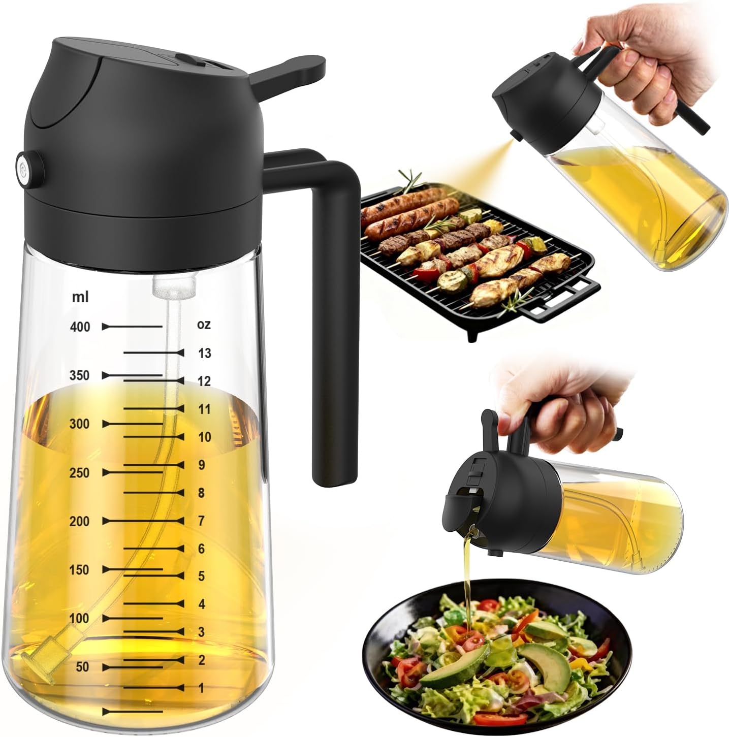 Glass Olive Oil Sprayer for Cooking – 2 in 1 Olive Oil Dispenser Bottle for Kitchen Gadgets and Air Fryer Accessories, Salad, BBQ - Black