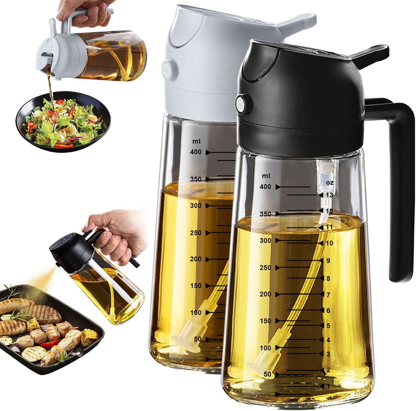 Glass Olive Oil Sprayer for Cooking – 2 in 1 Olive Oil Dispenser Bottle for Kitchen Gadgets and Air Fryer Accessories, Salad, BBQ - Black
