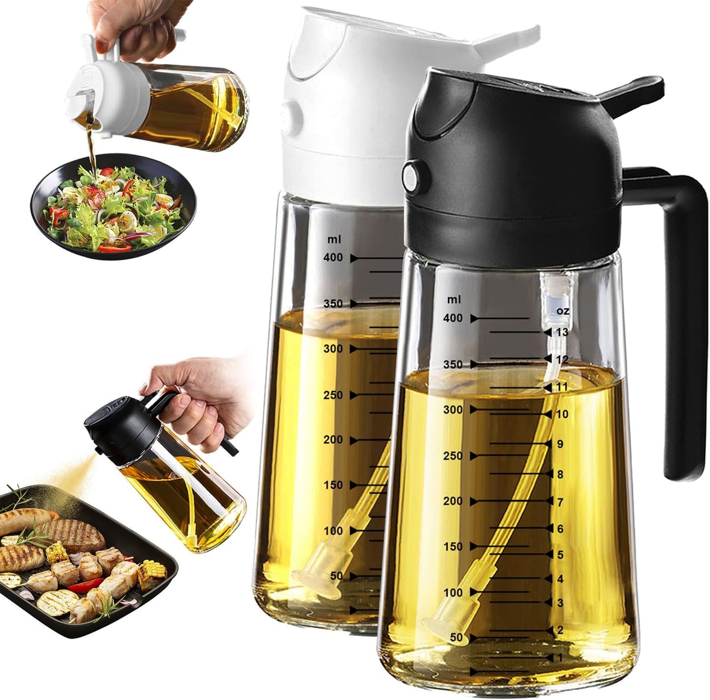 Glass Olive Oil Sprayer for Cooking – 2 in 1 Olive Oil Dispenser Bottle for Kitchen Gadgets and Air Fryer Accessories, Salad, BBQ - Black