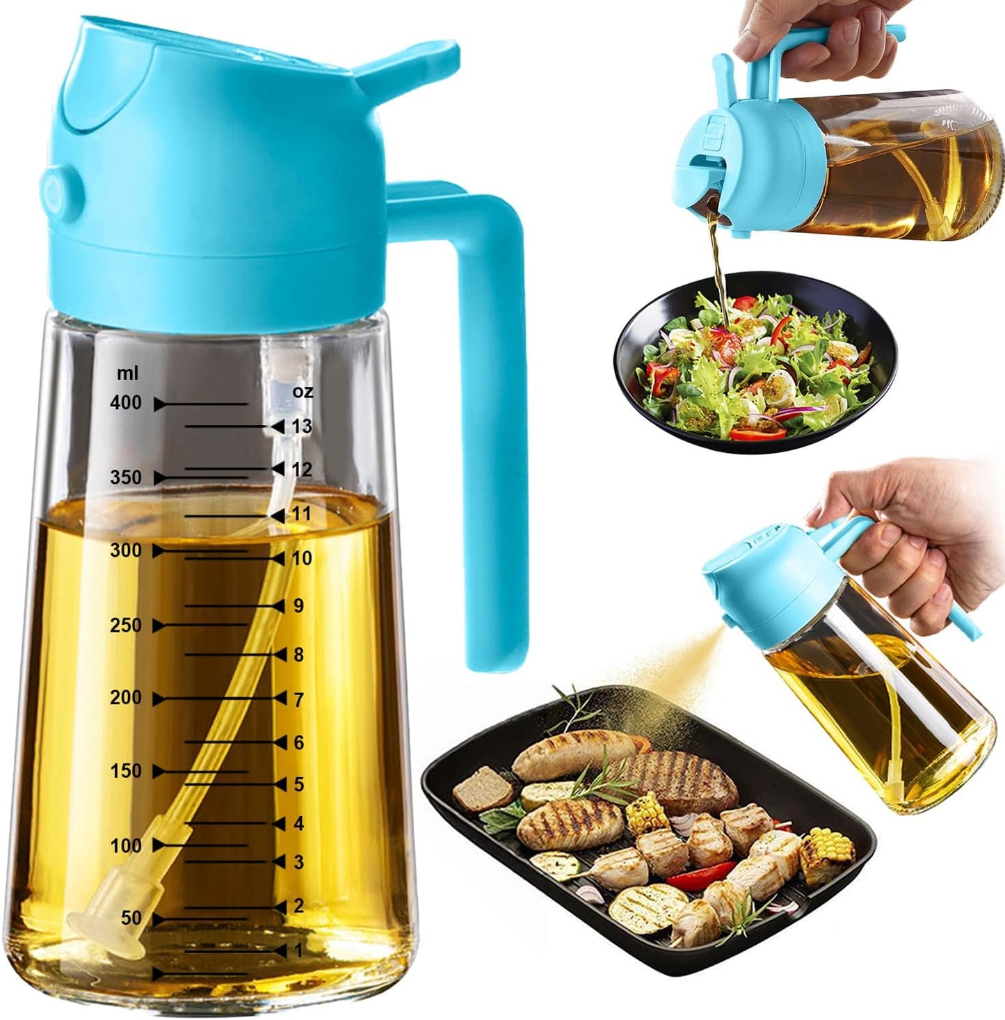 Glass Olive Oil Sprayer for Cooking – 2 in 1 Olive Oil Dispenser Bottle for Kitchen Gadgets and Air Fryer Accessories, Salad, BBQ - Black