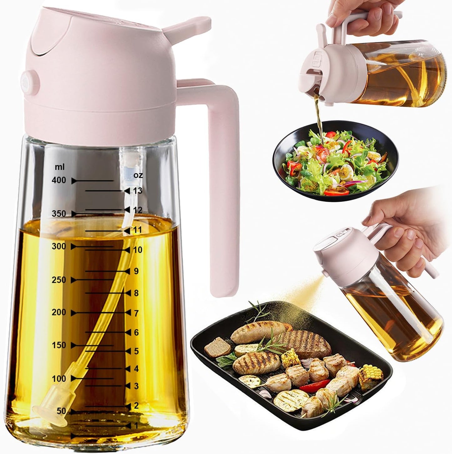 Glass Olive Oil Sprayer for Cooking – 2 in 1 Olive Oil Dispenser Bottle for Kitchen Gadgets and Air Fryer Accessories, Salad, BBQ - Black